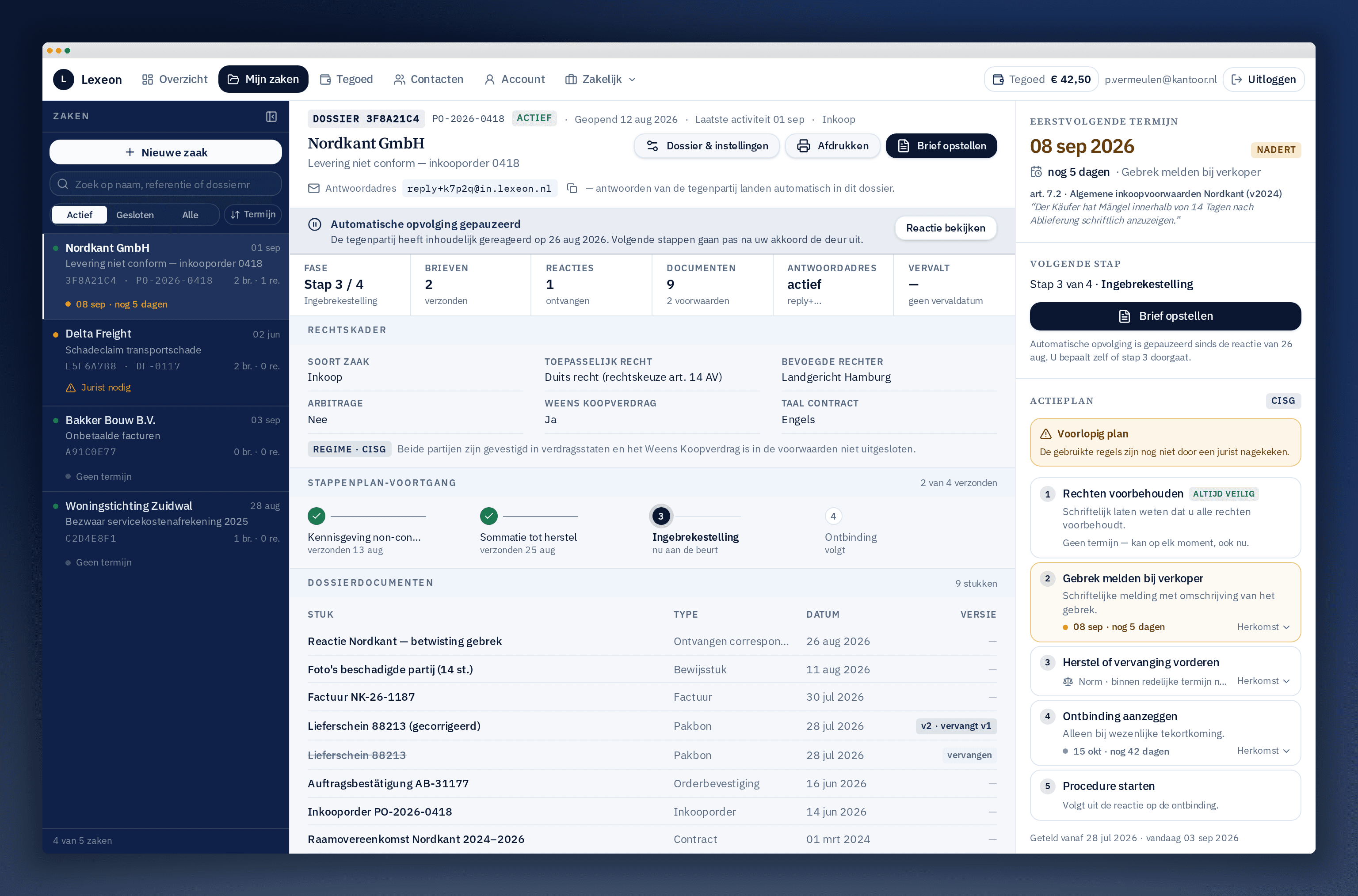 Het Lexeon-dashboard met zakenlijst, dossier Nordkant GmbH en actieplan met termijnen